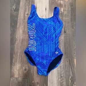 SPEEDO X ZUMBA Aqua Women Swimsuit Blue Geometric Dot Pattern Fringe Size 8